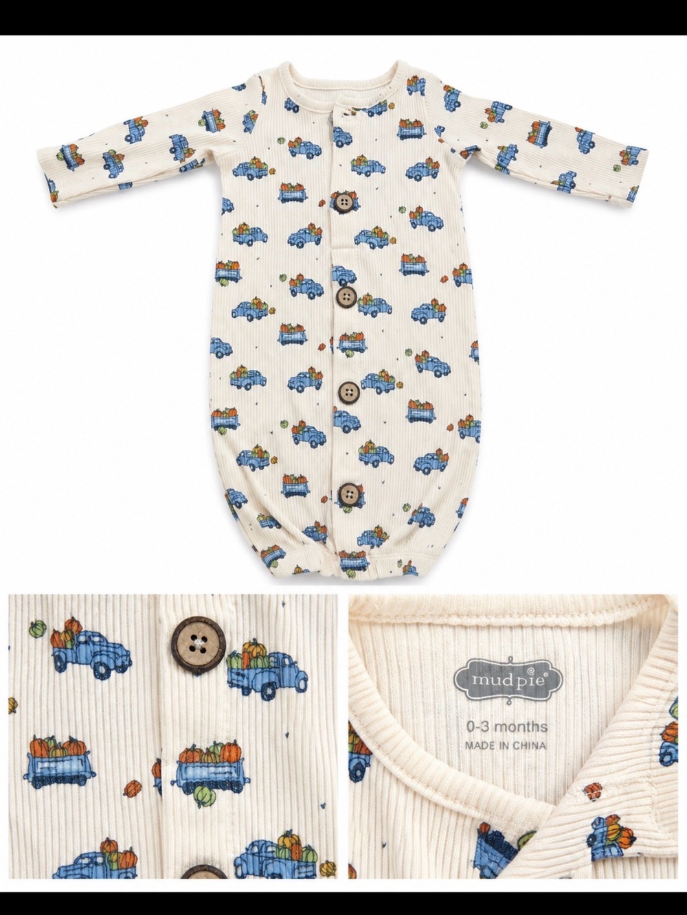Mud Pie Cream Knotted Gown with Blue & Orange Truck Print